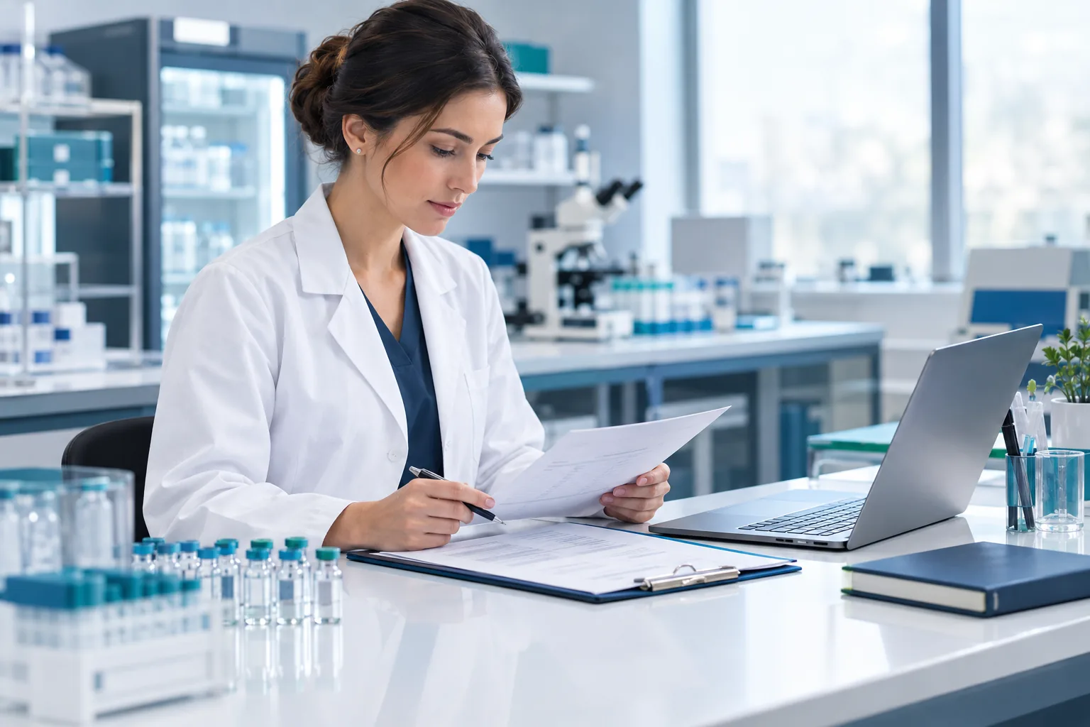 Researcher in a lab coat reviewing documents at a laboratory desk with a laptop